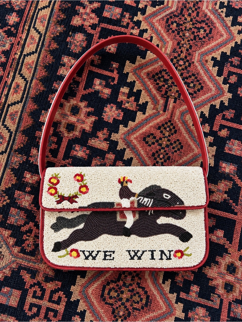 STAUD Cream Beaded 'We Win' Shoulder Bag with Red Trim